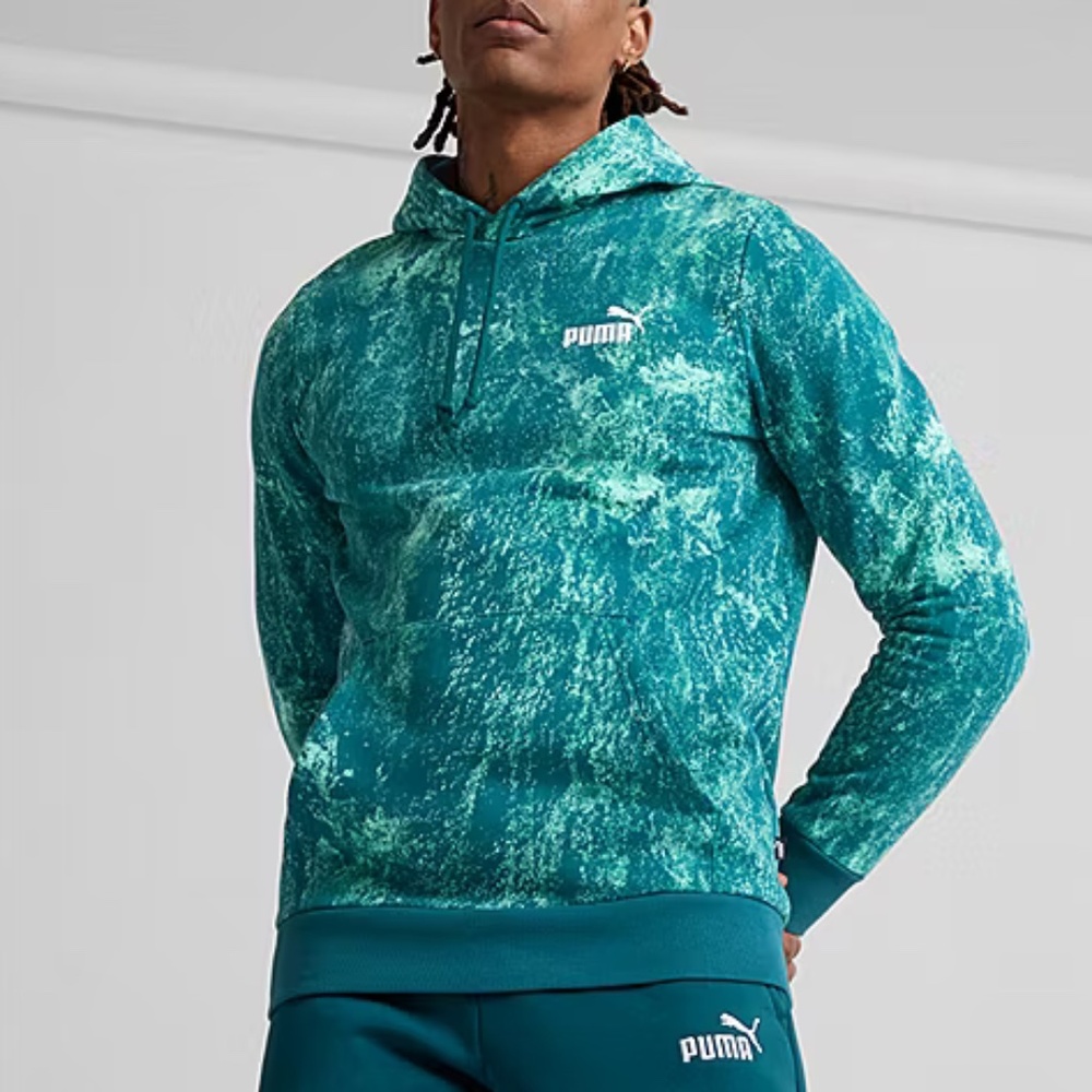 PUMA Hoodie S -Men's Pullover Green Wash Fleece Top Sweatshirt Lounge Activewear